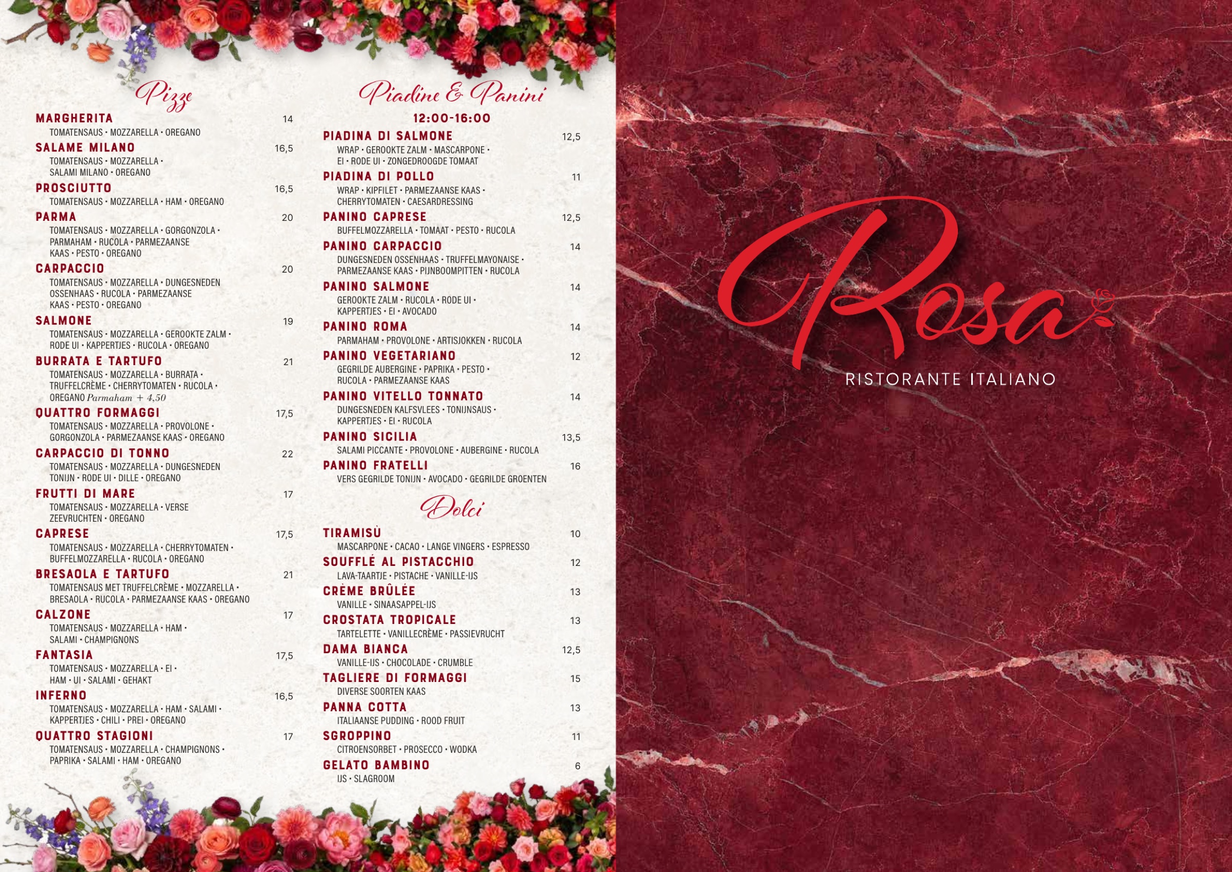 Menukaart van Restaurant Rosa met pizza, piadine, panini en desserts