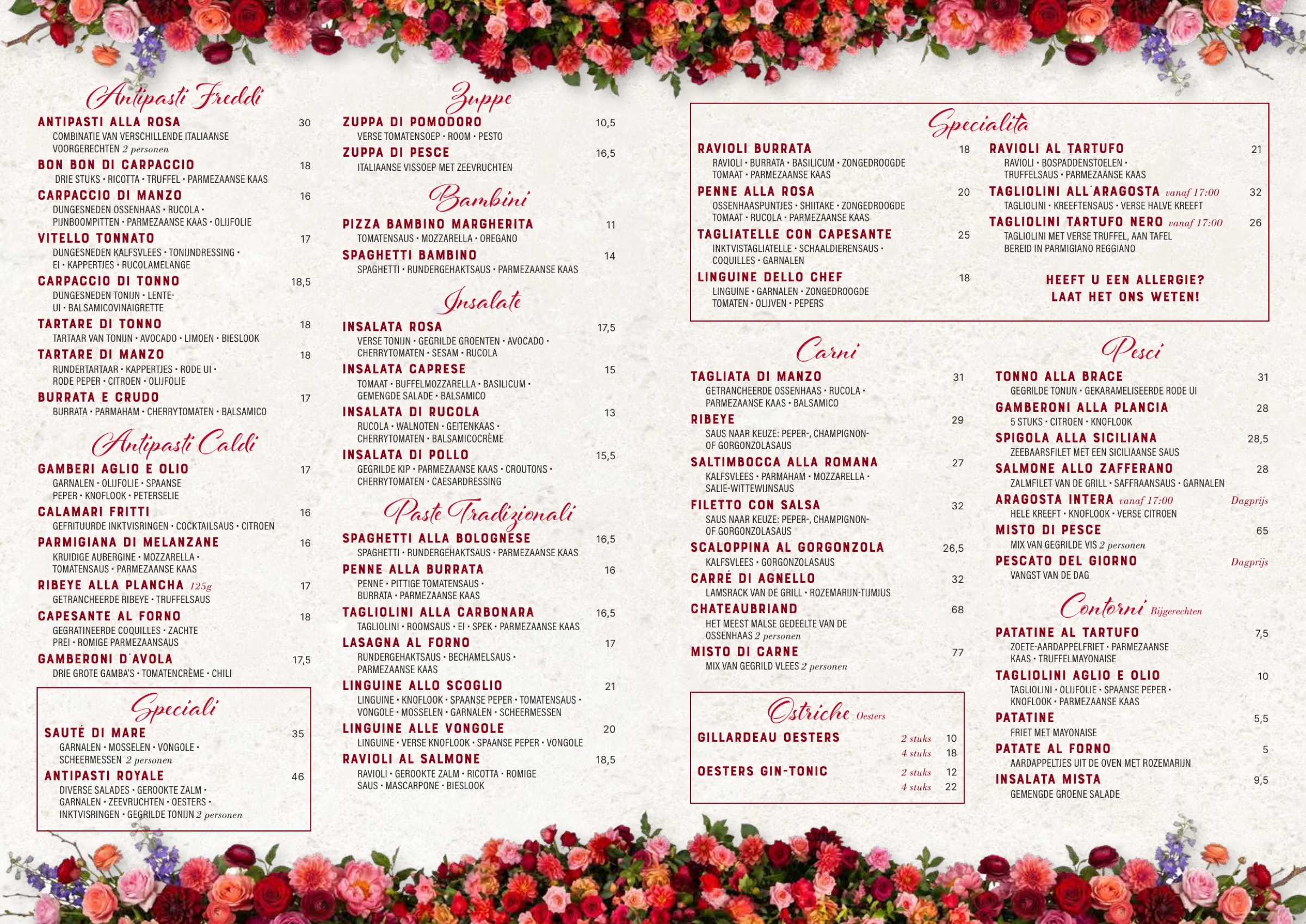 Menukaart van Restaurant Rosa met antipasti, pasta, vlees en vis