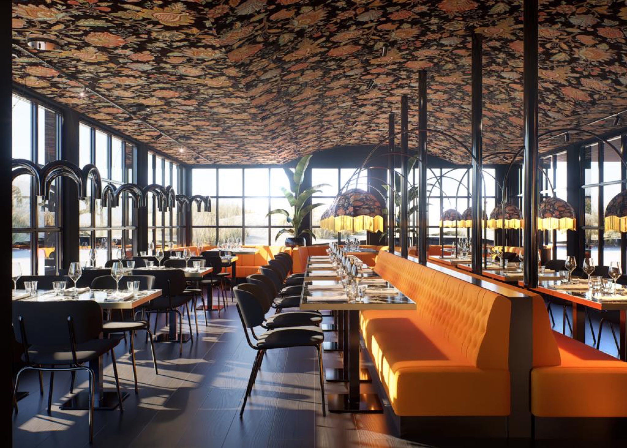 Restaurantinterieur met oranje zitbanken