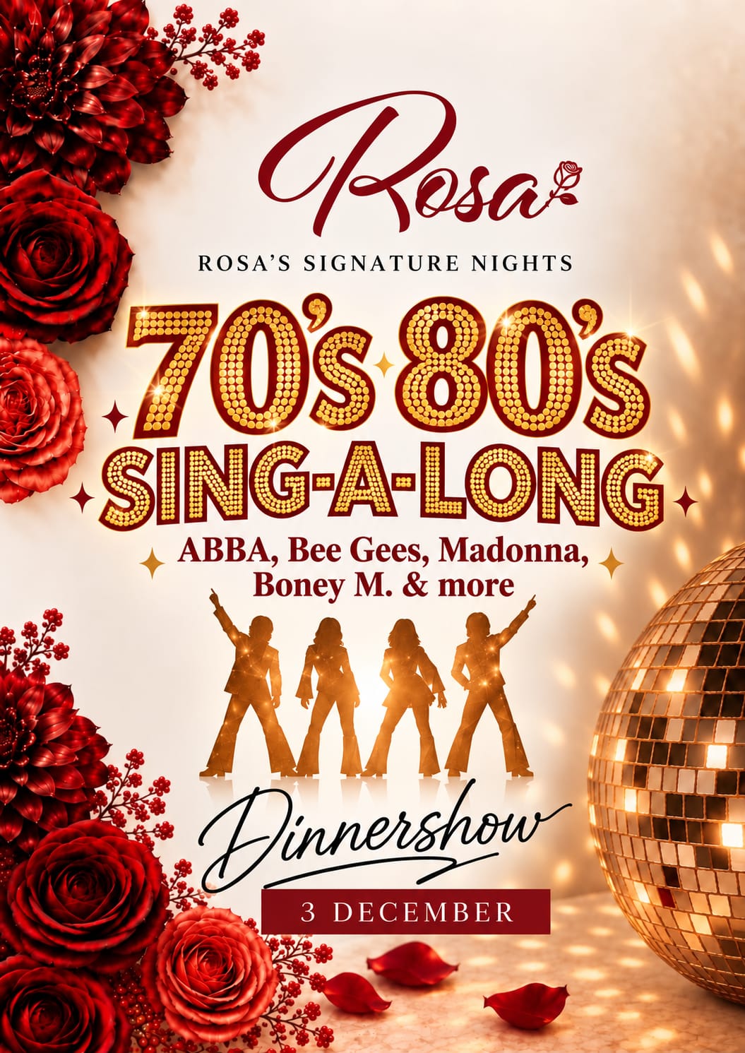 Poster Sing Along 70’s & 80’s Dinnershow bij Rosa op 3 december